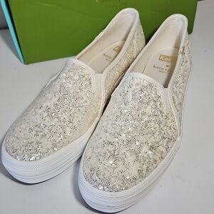 Keds x Kate Spade Triple Decker Glitter Slip On Sneakers In Cream, Size 6.5